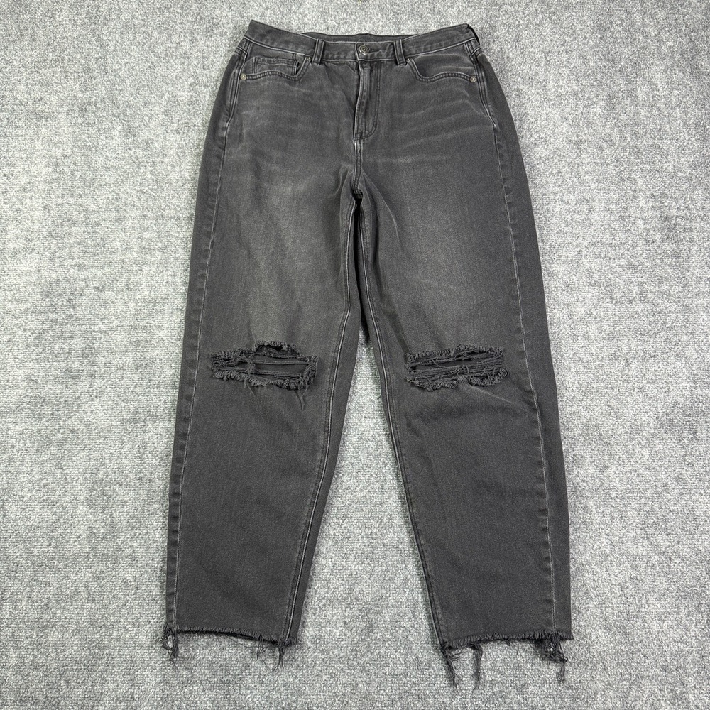 American Eagle Women's Relaxed Mom Jean 10 Black High Waist Distressed Raw Hems